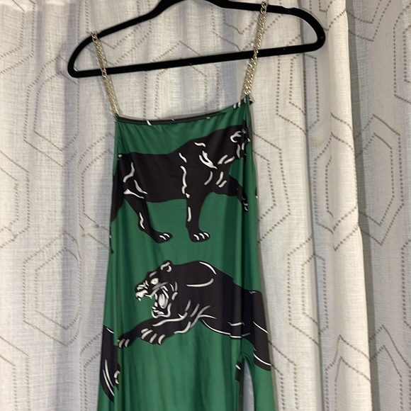 NWOT Women’s XS Maxi Dress Black/Green/White Chain Straps HIGH LEG SPLIT - Picture 9 of 9